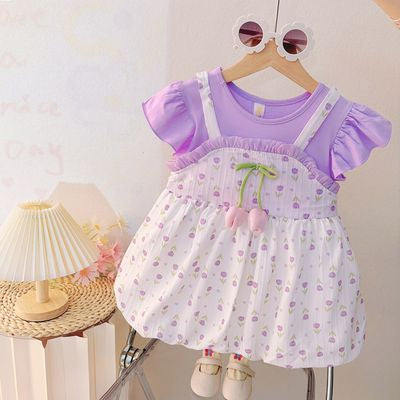 Importedđŧ Summer Cartoon Dress â Faux Two-Piece Floral Outfit for Girls