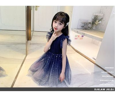 Imported đ Starry Sky Gradient Princess Dress â Girls' Summer Short Sleeve Veil