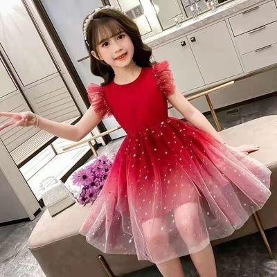 Imported đ Starry Sky Gradient Princess Dress â Girls' Summer Short Sleeve Veil
