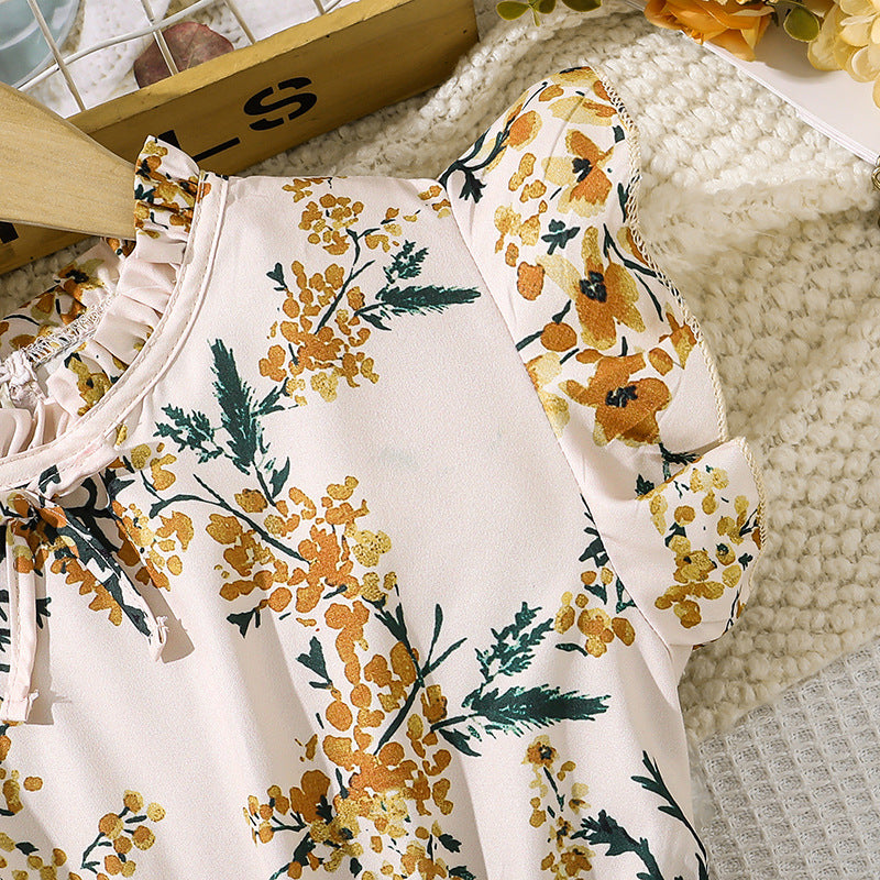 Imported đ¸ Girlsâ French Retro Printed Pleated Dress â Summer Flying Sleeve Princess Dress