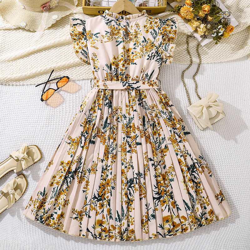 Imported đ¸ Girlsâ French Retro Printed Pleated Dress â Summer Flying Sleeve Princess Dress