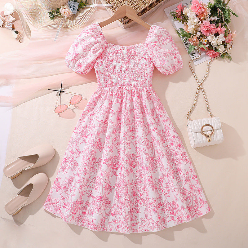 Imported đ¸Summer New French Floral Puff Sleeve Princess Dress for Girls â Elegant Waist Design