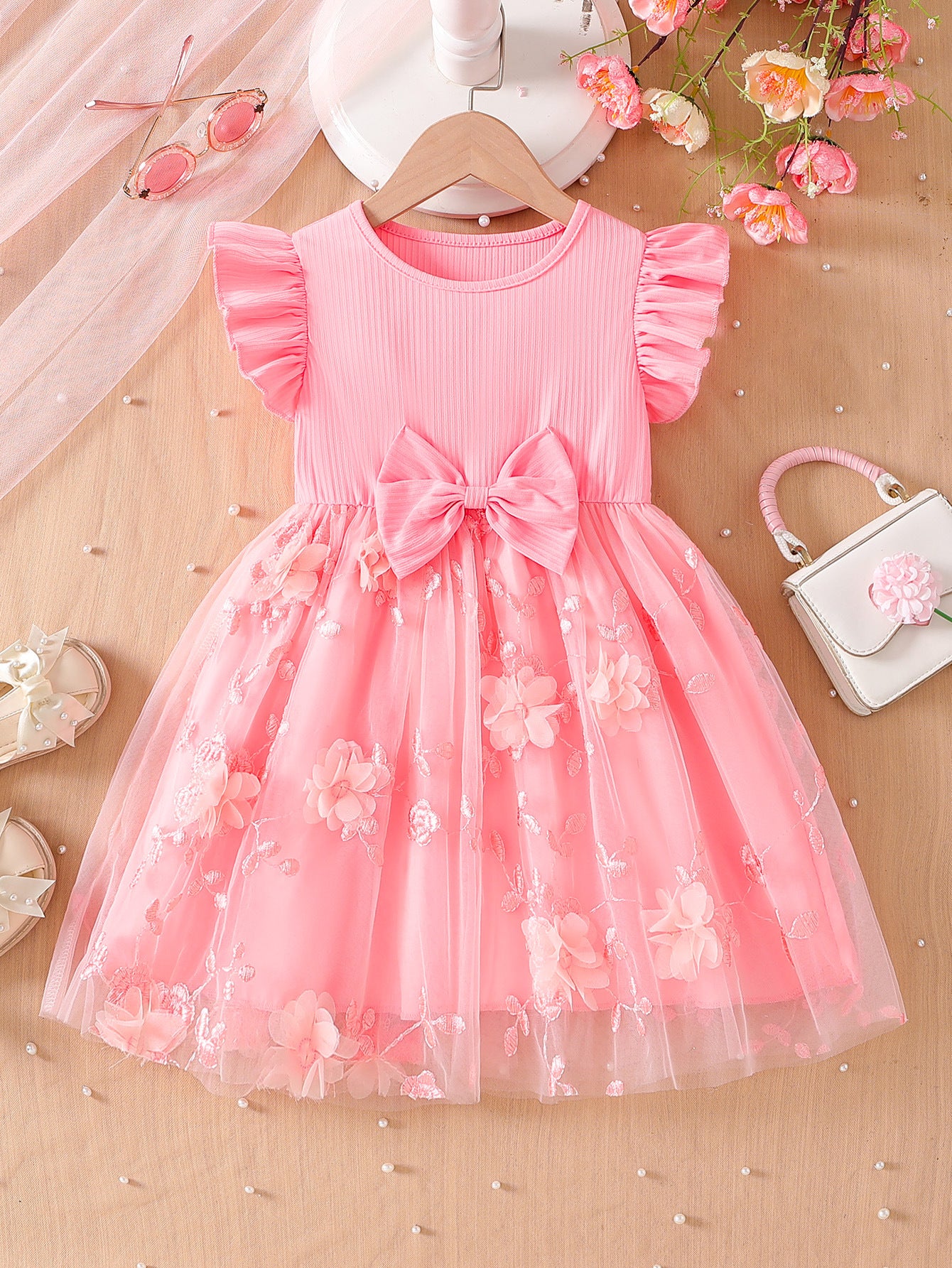Imported 🌸 Girls’ Floral Embroidered Mesh Dress – Flutter Sleeve Toddler Princess Dress with Bow