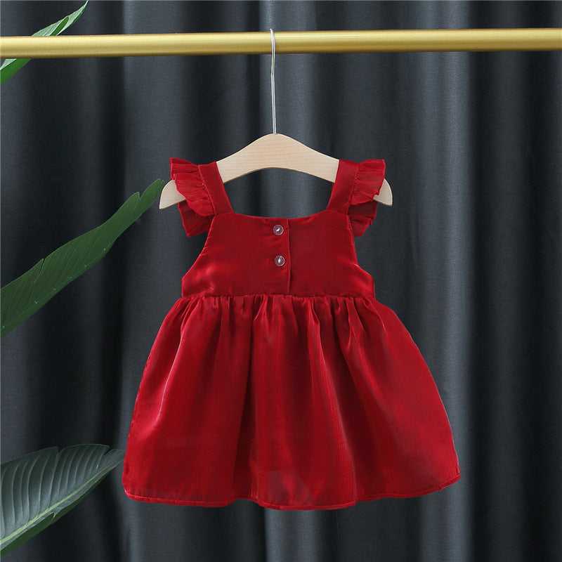 Imported đŧ Baby Girlsâ Spring & Summer Lace Flying Sleeve Dress â Solid Color Vest Style