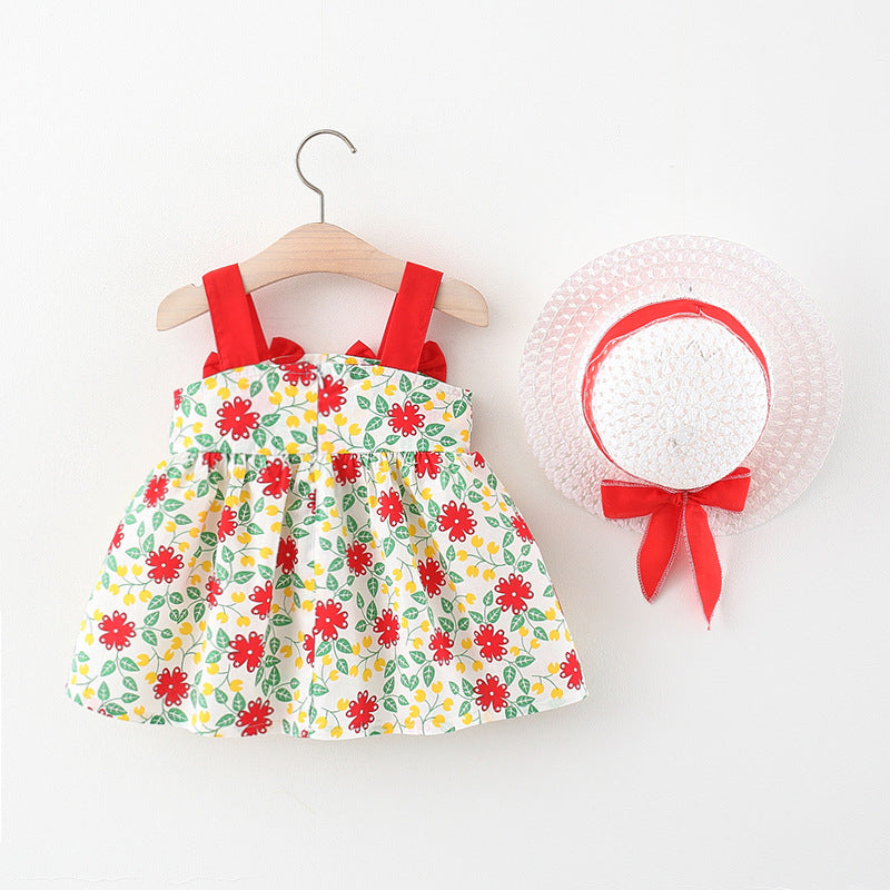 Imported đŧ Girlsâ Summer Floral Suspender Dress with Hat â INS Style Princess Outfit