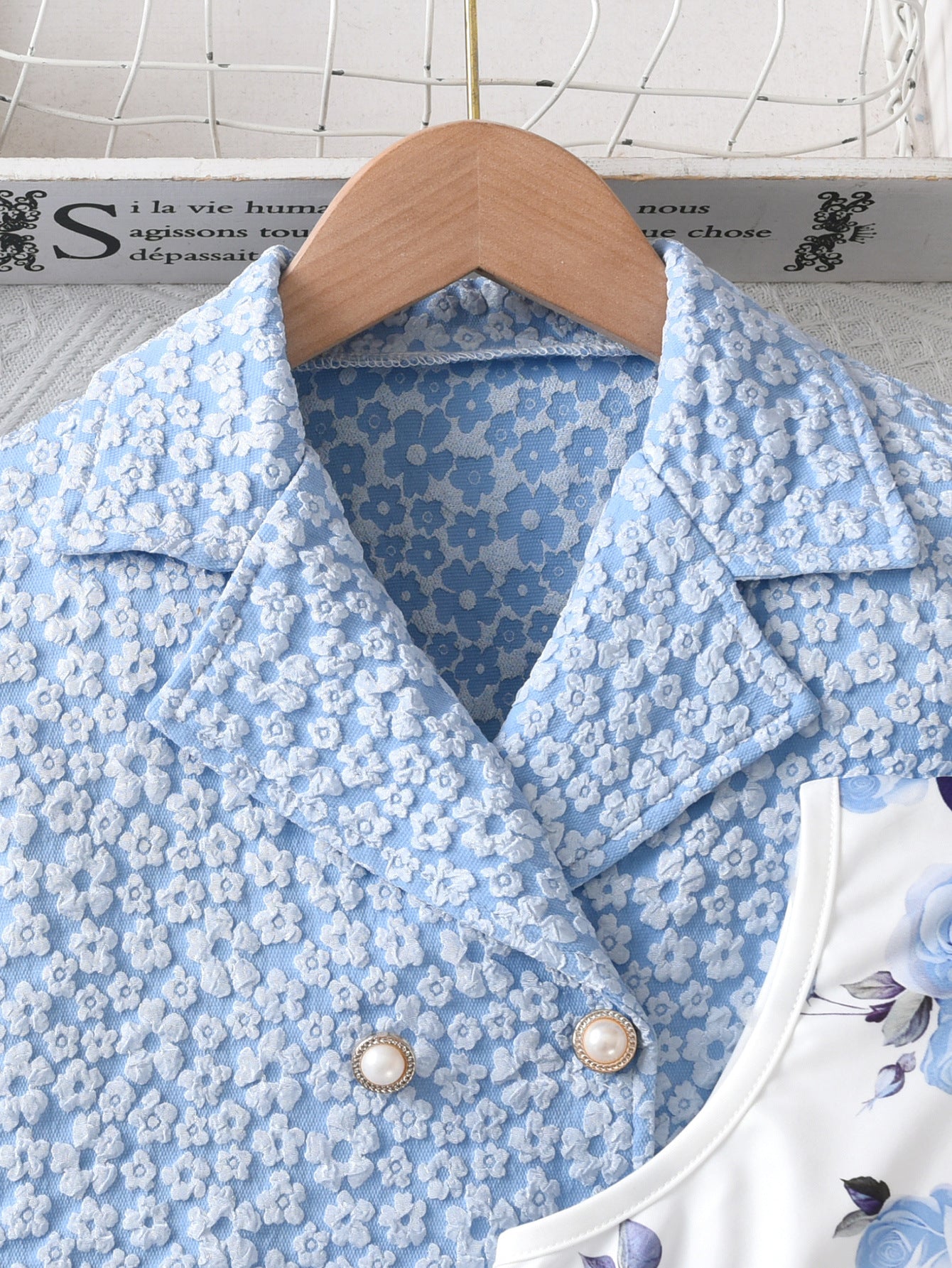 Imported 💙 Girls’ Sky Blue Rose Vest Dress & Chanel-Style Jacket – Two-Piece Set