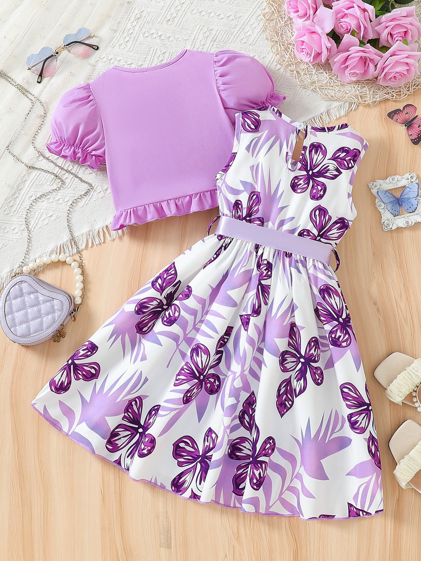 Imported đ Girlsâ Purple Floral Two-Piece Dress Set â Jacket & Bow Belt Outfit