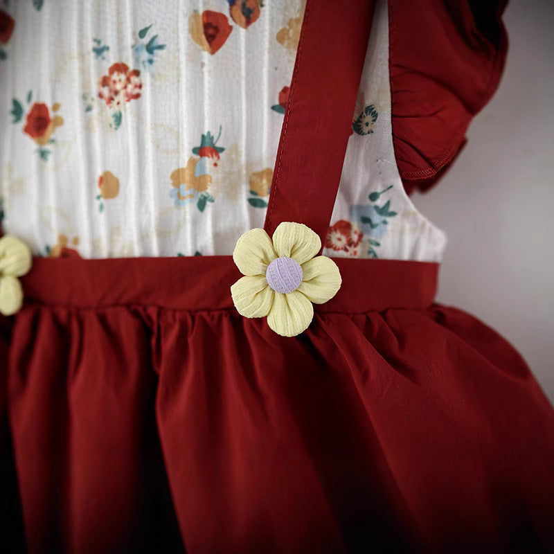 Imported đ¸ Girlsâ Summer Flying Sleeve Dress â Cute Floral Princess Two-Piece Style