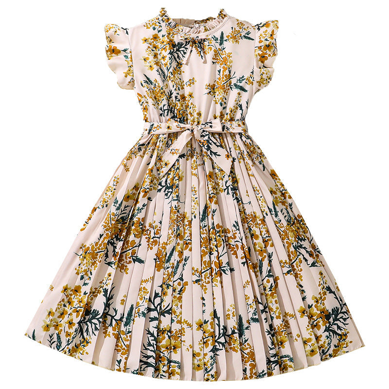 Imported đ¸ Girlsâ French Retro Printed Pleated Dress â Summer Flying Sleeve Princess Dress
