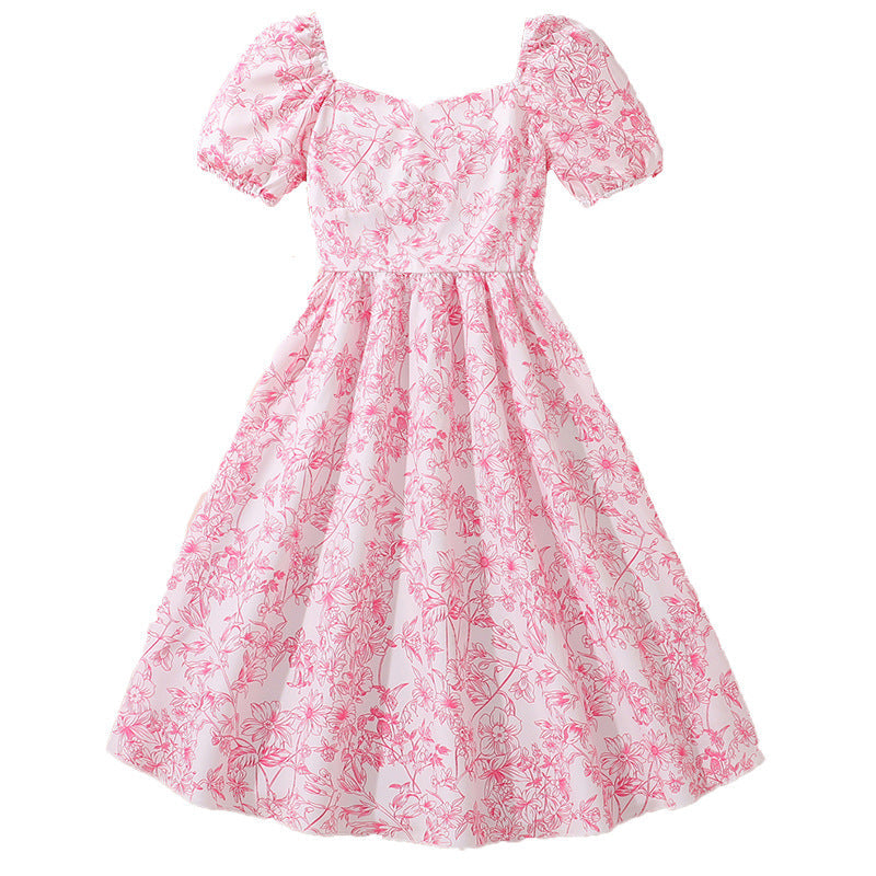 Imported đ¸Summer New French Floral Puff Sleeve Princess Dress for Girls â Elegant Waist Design