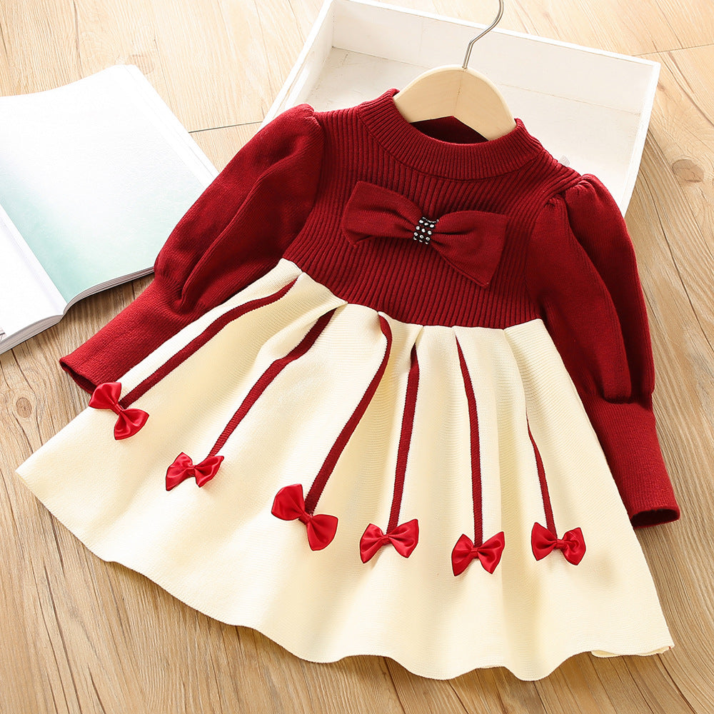 Imported ❄️ Winter Girls’ Knitted Bow Dress – Korean Style with Puff Sleeves
