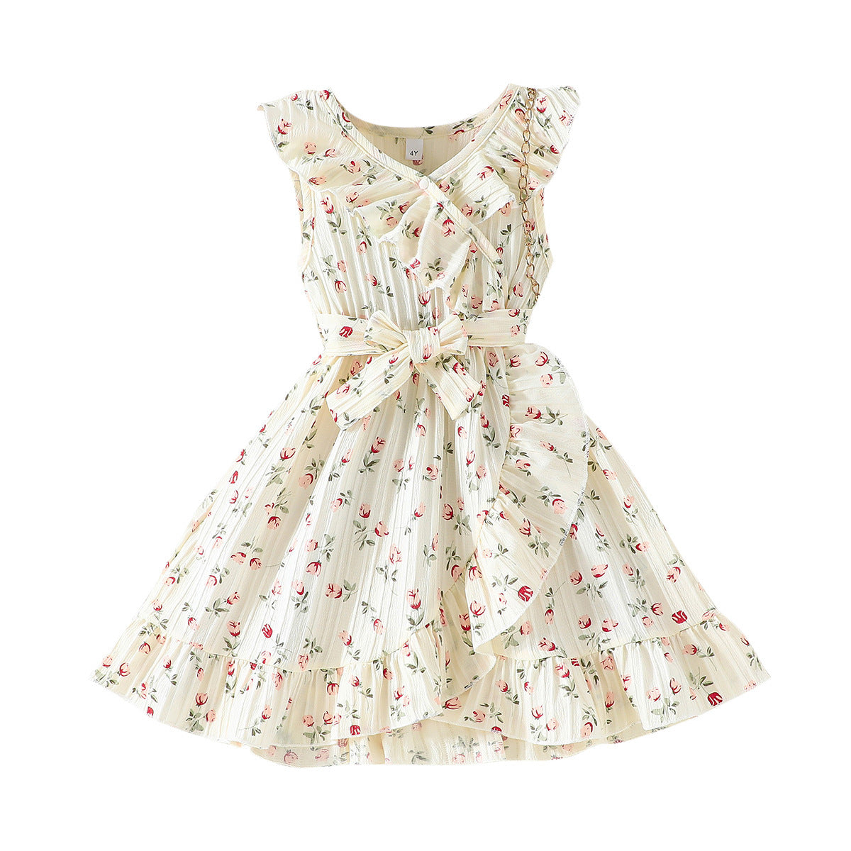 Imported đŧ Girlsâ Summer Beige Floral Dress â Lotus Collar with Belt