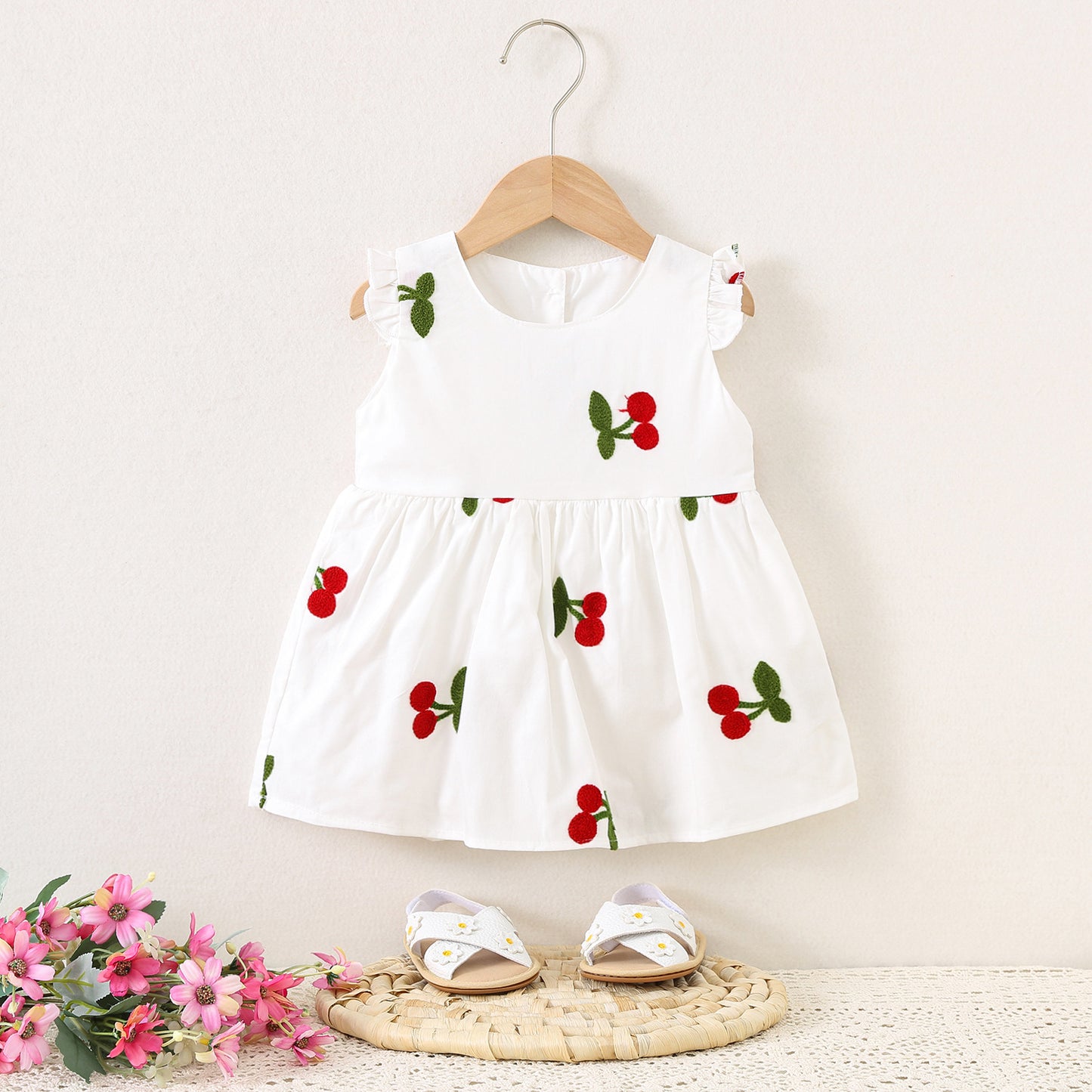 Imported 🍒 Baby Girls’ Sleeveless Cherry Embroidered Cotton Dress – Summer New Arrival