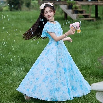 Imported 🌸Summer Floral Chiffon Dress – Princess Outfit for Big Girls