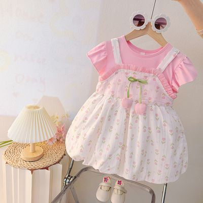 Imported🌼 Summer Cartoon Dress – Faux Two-Piece Floral Outfit for Girls