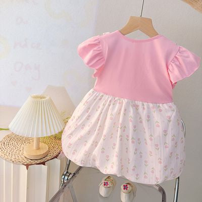 Imported🌼 Summer Cartoon Dress – Faux Two-Piece Floral Outfit for Girls