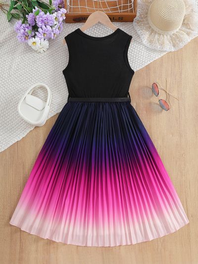Imported 🌈 Girls' Gradient Summer Dress – Korean Style Pleated Vest