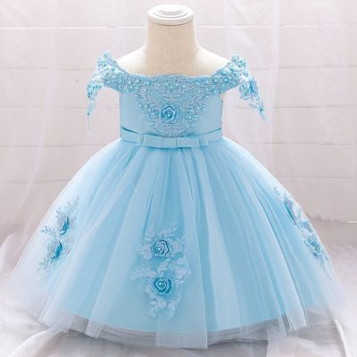 Imported 🎀 Baby Girl Off-Shoulder Dress – Fluffy Beaded Flower Dress with Bow