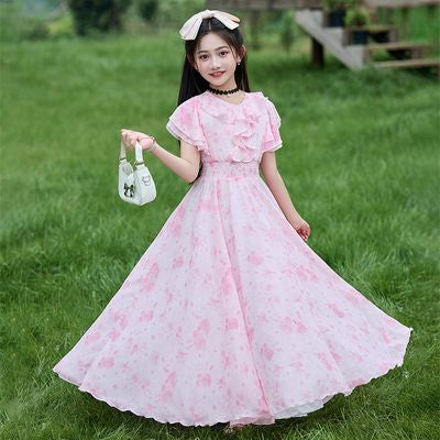 Imported 🌸Summer Floral Chiffon Dress – Princess Outfit for Big Girls