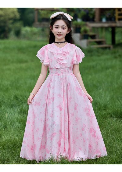 Imported 🌸Summer Floral Chiffon Dress – Princess Outfit for Big Girls