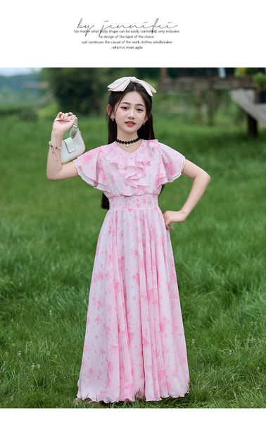 Imported 🌸Summer Floral Chiffon Dress – Princess Outfit for Big Girls