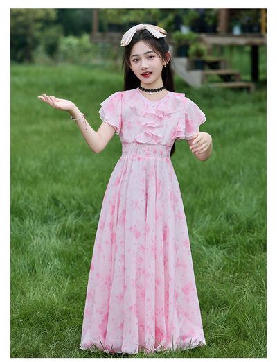 Imported 🌸Summer Floral Chiffon Dress – Princess Outfit for Big Girls
