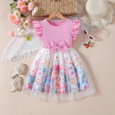 Imported  🌸 Elegant Mesh Princess Dress – Flying Sleeve & Bow Design (Summer)