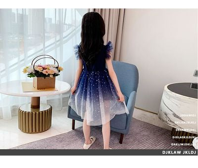 Imported 🌌 Starry Sky Gradient Princess Dress – Girls' Summer Short Sleeve Veil