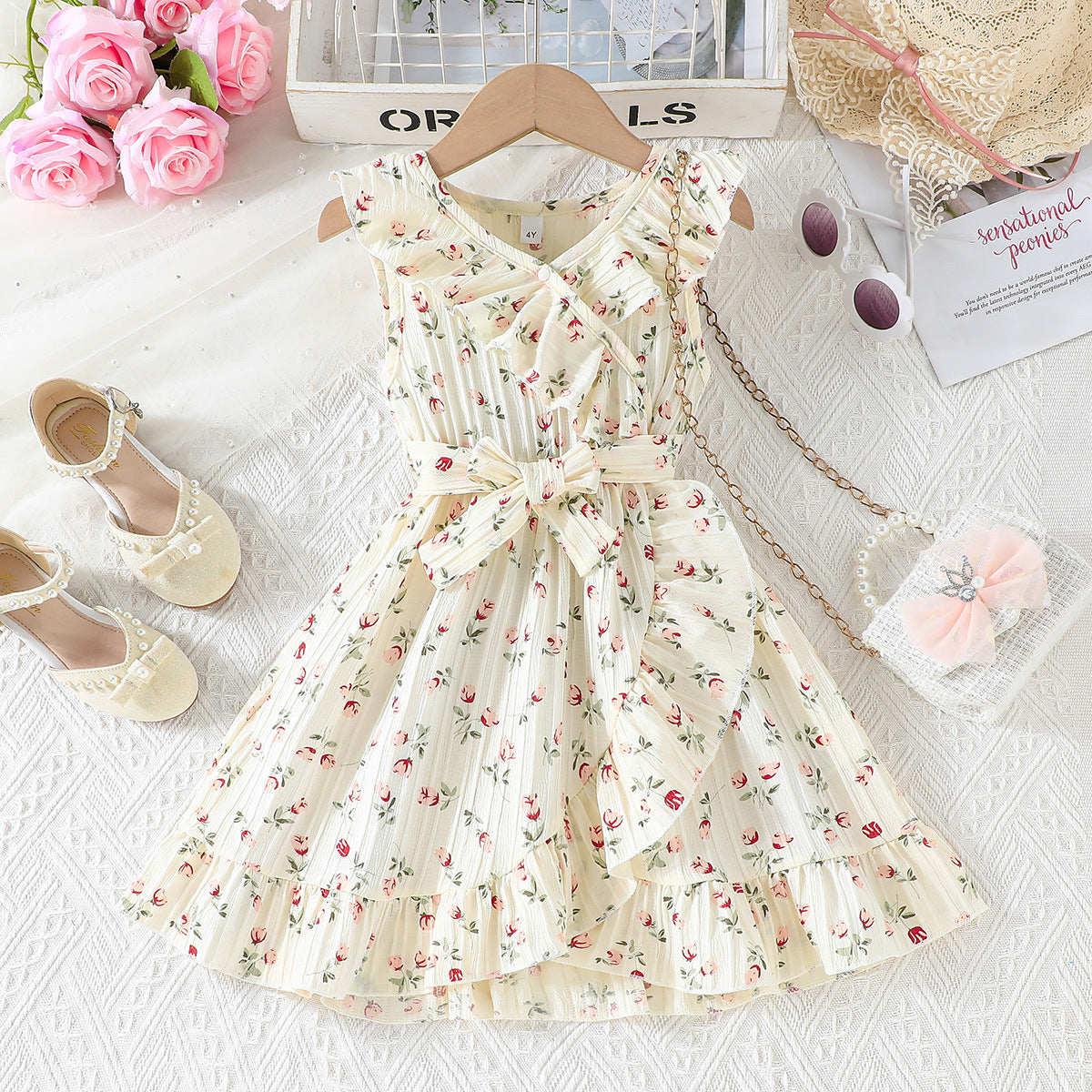 Imported 🌼 Girls’ Summer Beige Floral Dress – Lotus Collar with Belt