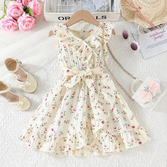 Imported 🌼 Girls’ Summer Beige Floral Dress – Lotus Collar with Belt