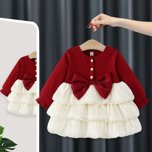 Imported 🎀 Spring/Autumn Girls’ Princess Dress – Long Sleeve with Large Bow