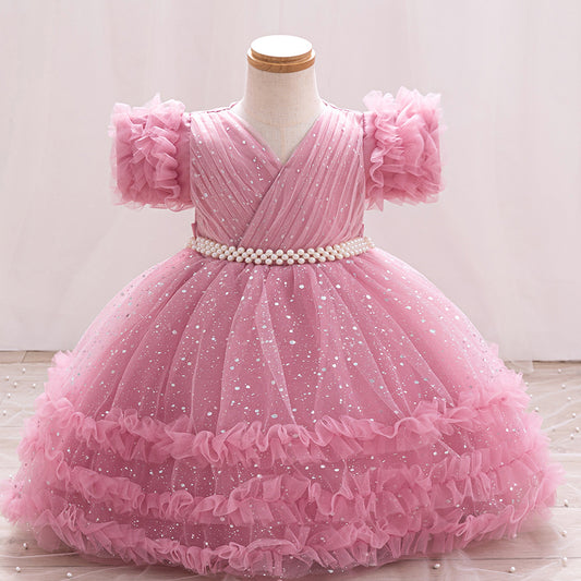 Imported ✨ Girls’ Ruffled Sleeve Beaded Sparkly Tutu Princess Dress – Flower Girl & Birthday Outfit