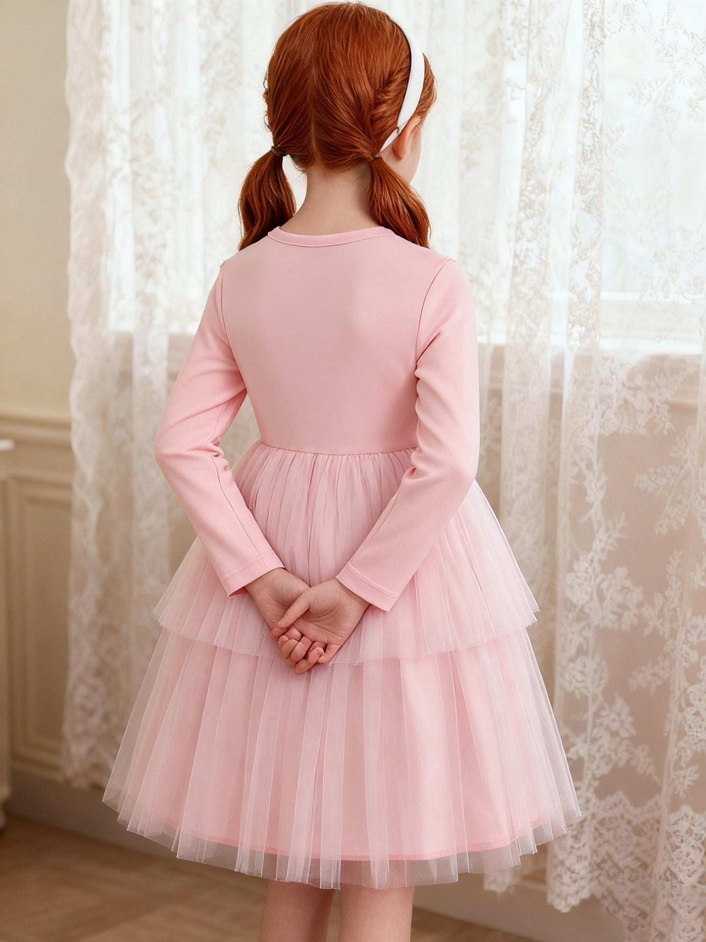 Imported 🌸 Girls’ Pink Floral Bow Long-Sleeve Tulle Princess Dress – Autumn Style