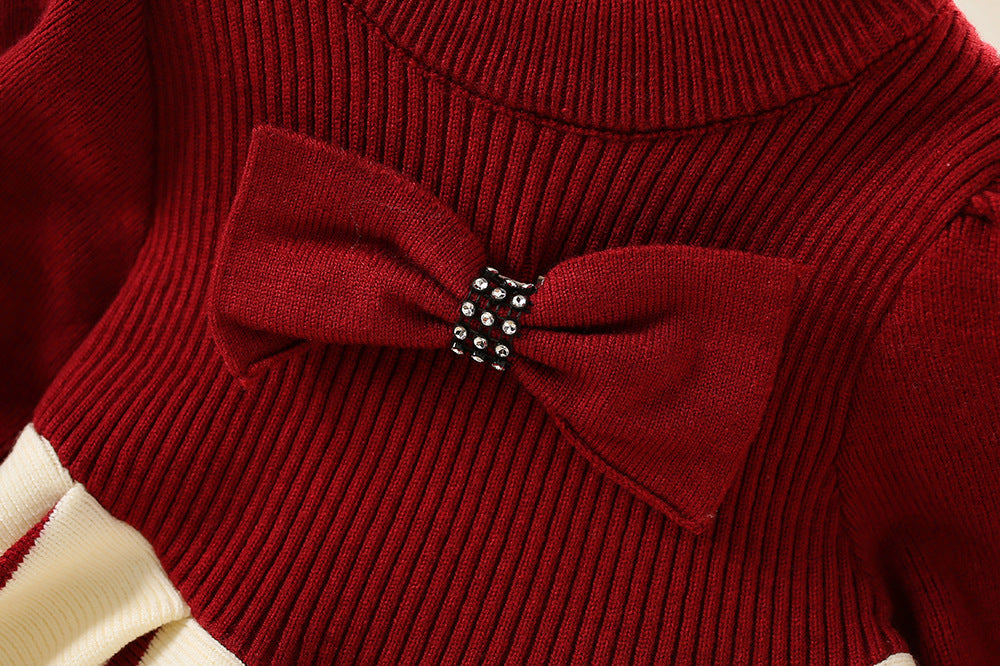 Imported ❄️ Winter Girls’ Knitted Bow Dress – Korean Style with Puff Sleeves