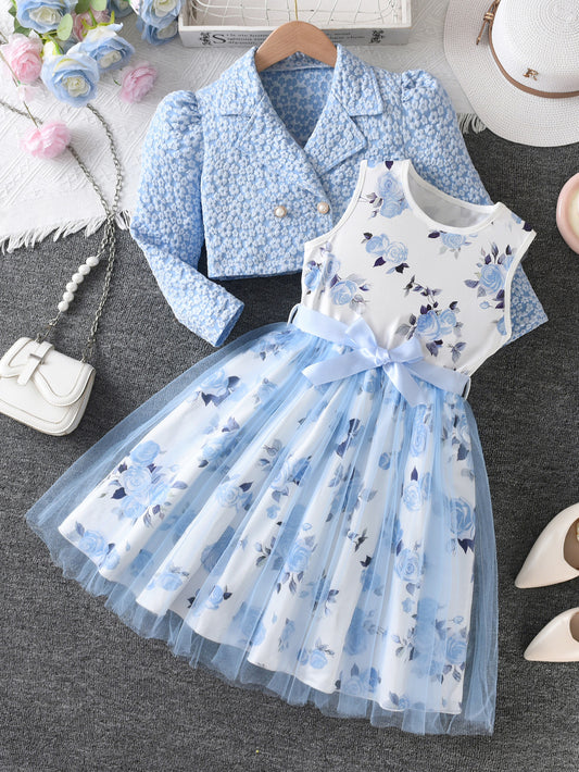 Imported  💙 Girls’ Sky Blue Rose Vest Dress & Chanel-Style Jacket – Two-Piece Set