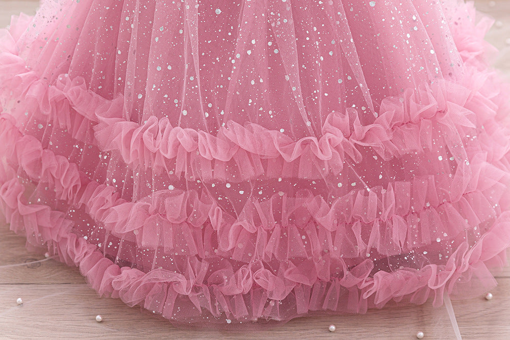 Imported ✨ Girls’ Ruffled Sleeve Beaded Sparkly Tutu Princess Dress – Flower Girl & Birthday Outfit