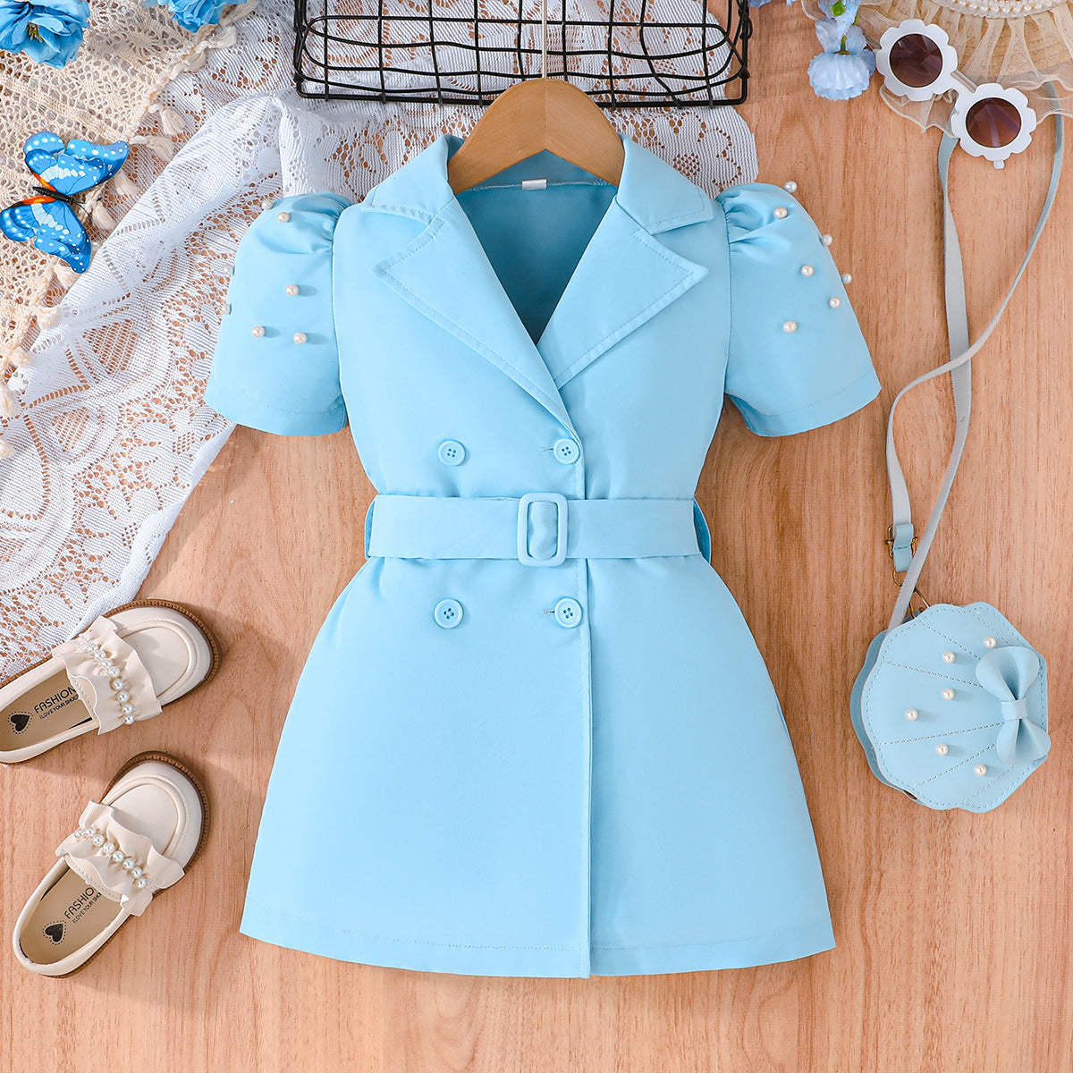 Imported 🌼 Girls’ Solid Color Short-Sleeve Casual Dress + Belt – Summer Two-Piece Set