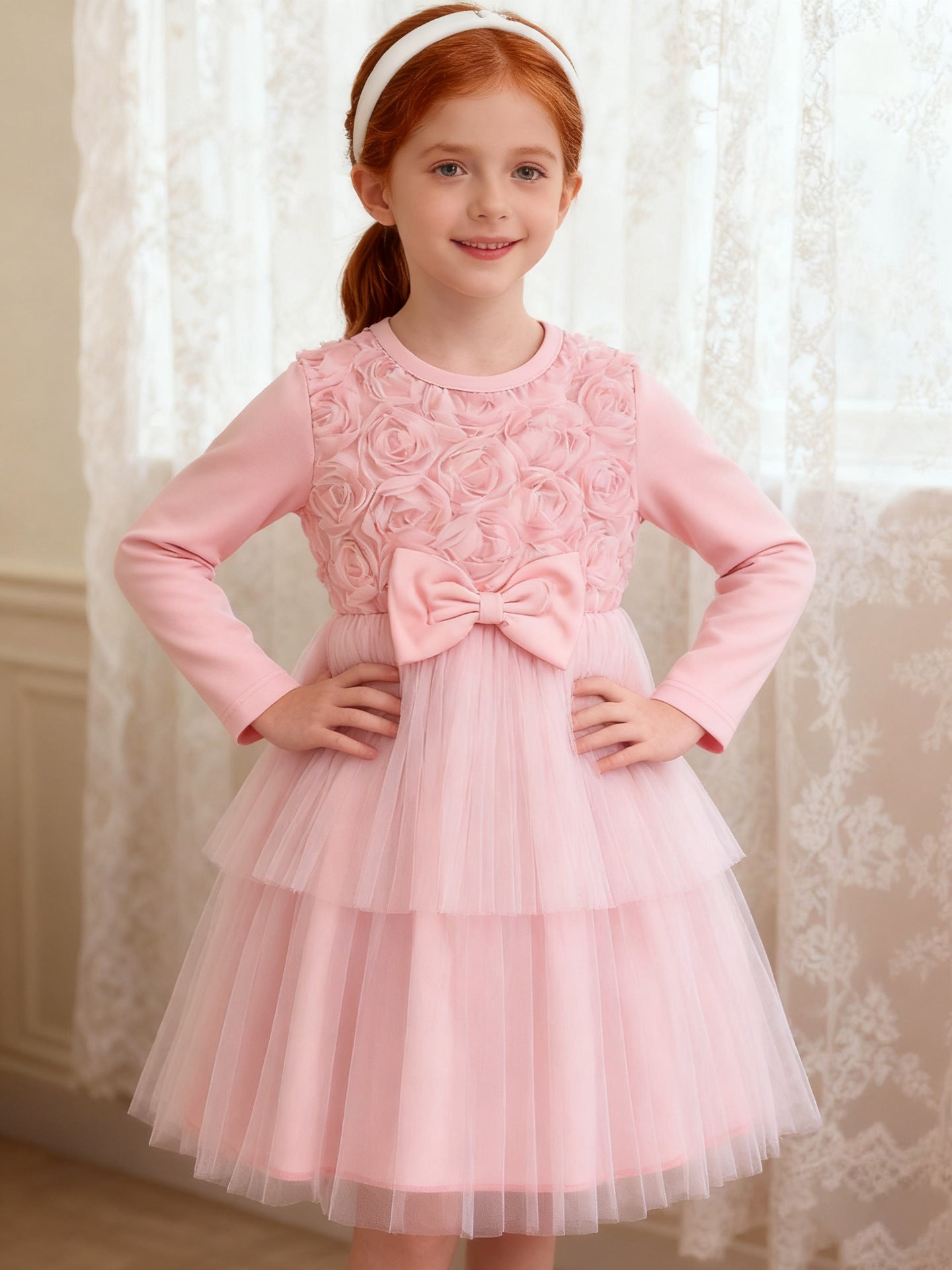 Imported 🌸 Girls’ Pink Floral Bow Long-Sleeve Tulle Princess Dress – Autumn Style