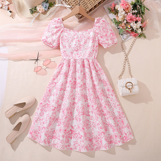 Imported 🌸Summer New French Floral Puff Sleeve Princess Dress for Girls – Elegant Waist Design