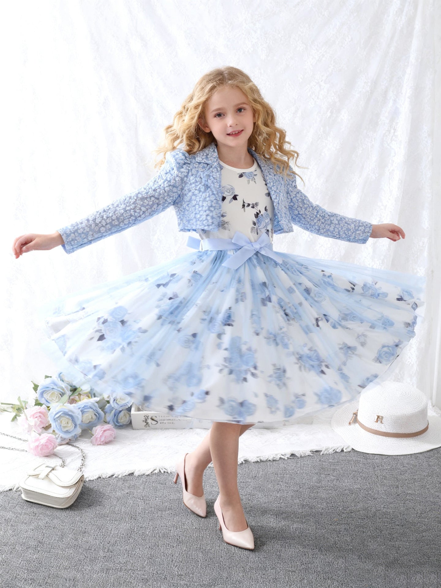 Imported  💙 Girls’ Sky Blue Rose Vest Dress & Chanel-Style Jacket – Two-Piece Set