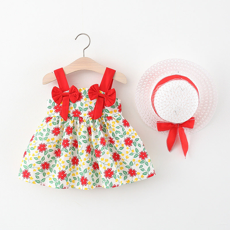 Imported 🌼 Girls’ Summer Floral Suspender Dress with Hat – INS Style Princess Outfit