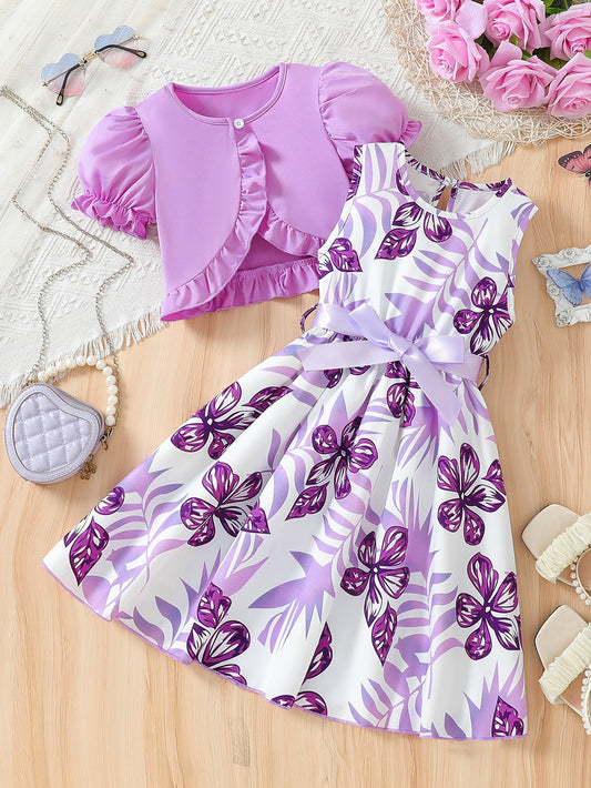 Imported 💜 Girls’ Purple Floral Two-Piece Dress Set – Jacket & Bow Belt Outfit