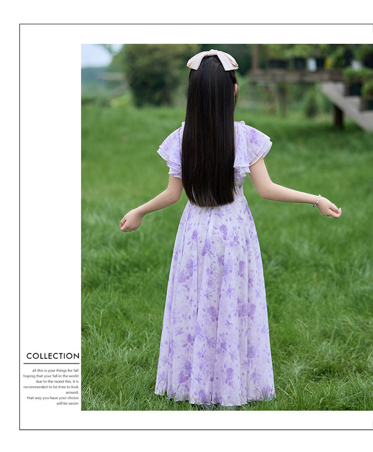Imported 🌸Summer Floral Chiffon Dress – Princess Outfit for Big Girls