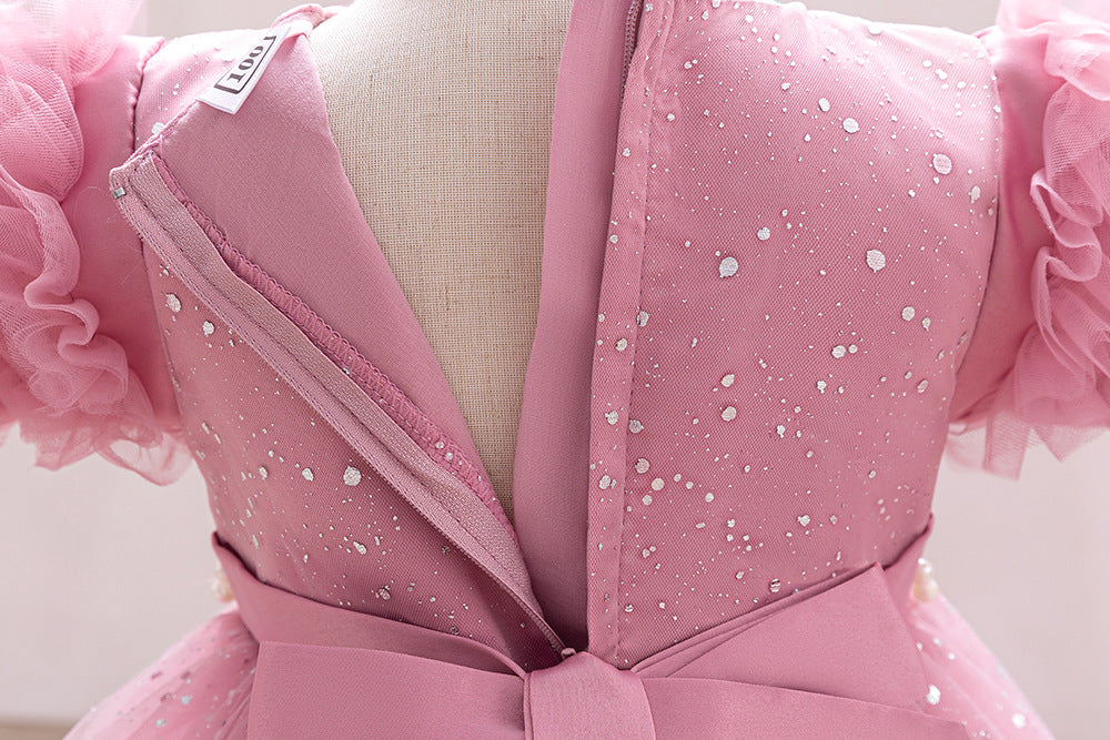 Imported ✨ Girls’ Ruffled Sleeve Beaded Sparkly Tutu Princess Dress – Flower Girl & Birthday Outfit