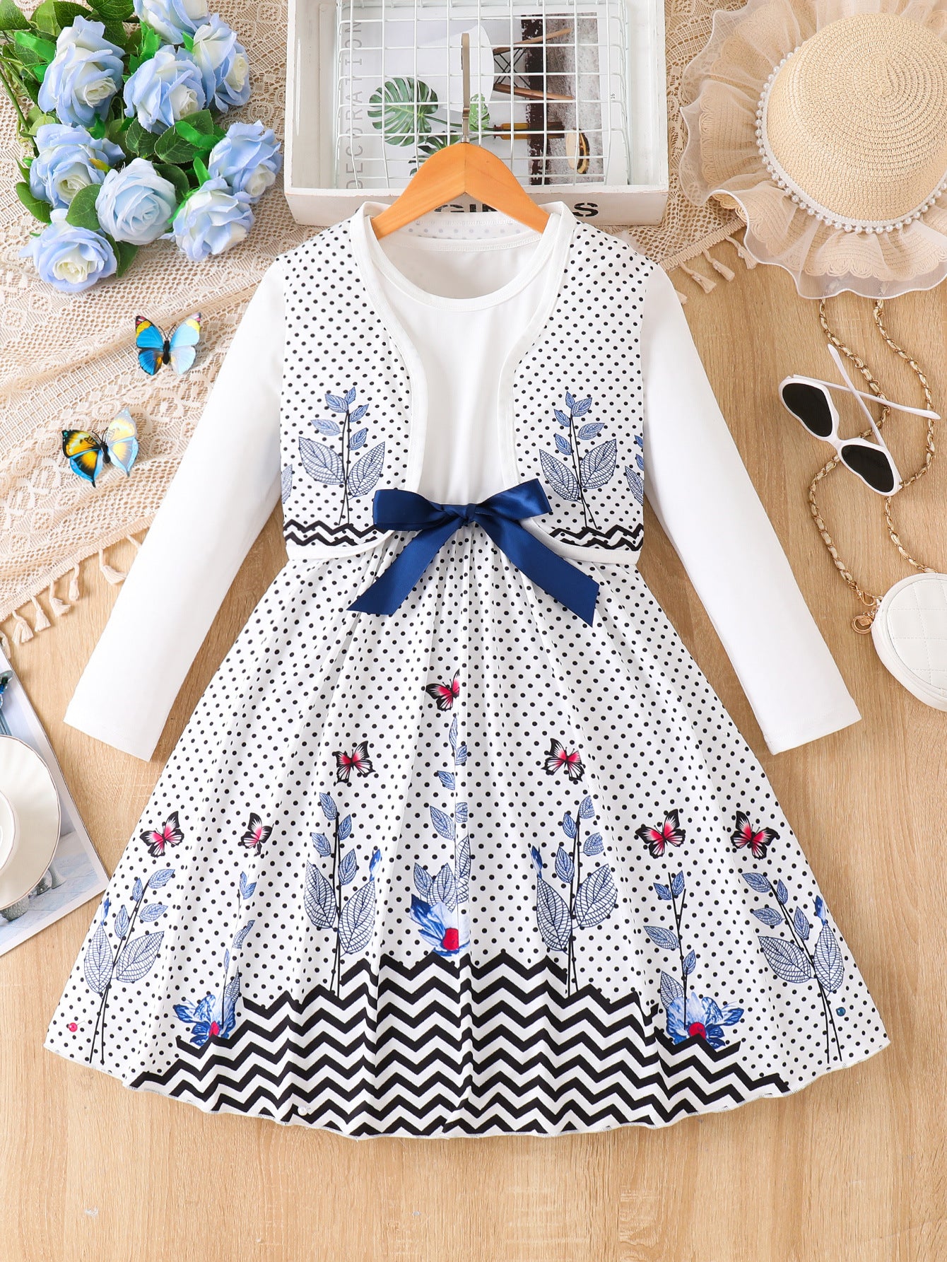 Imported 🤍 Girls’ Autumn Two-Piece Dress Set – White Vest Dress with Polka Dot Long Sleeve Outer