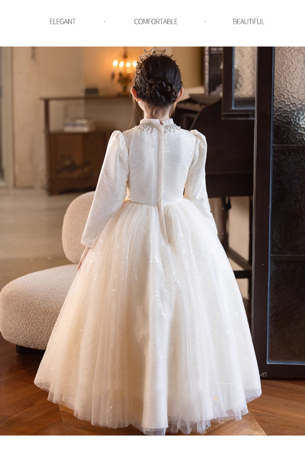 Imported ✨ Champagne Color Girls’ Runway Princess Dress – Tulle Performance Outfit