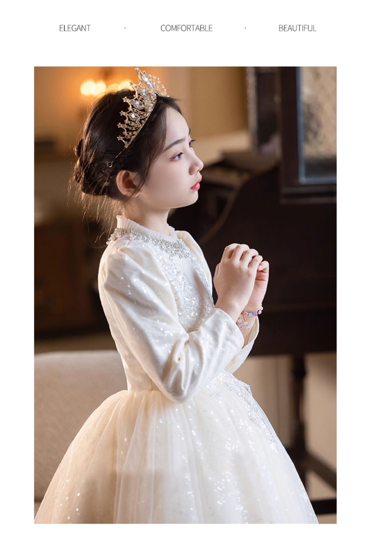 Imported ✨ Champagne Color Girls’ Runway Princess Dress – Tulle Performance Outfit