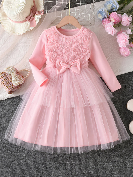 Imported 🌸 Girls’ Pink Floral Bow Long-Sleeve Tulle Princess Dress – Autumn Style
