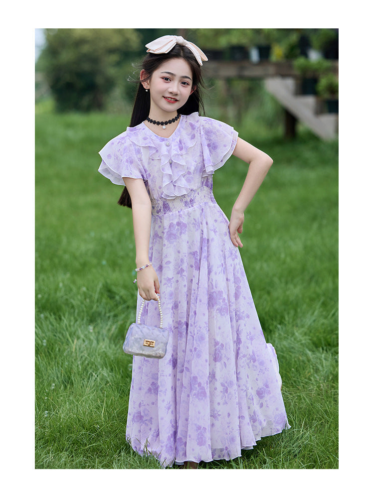 Imported 🌸Summer Floral Chiffon Dress – Princess Outfit for Big Girls