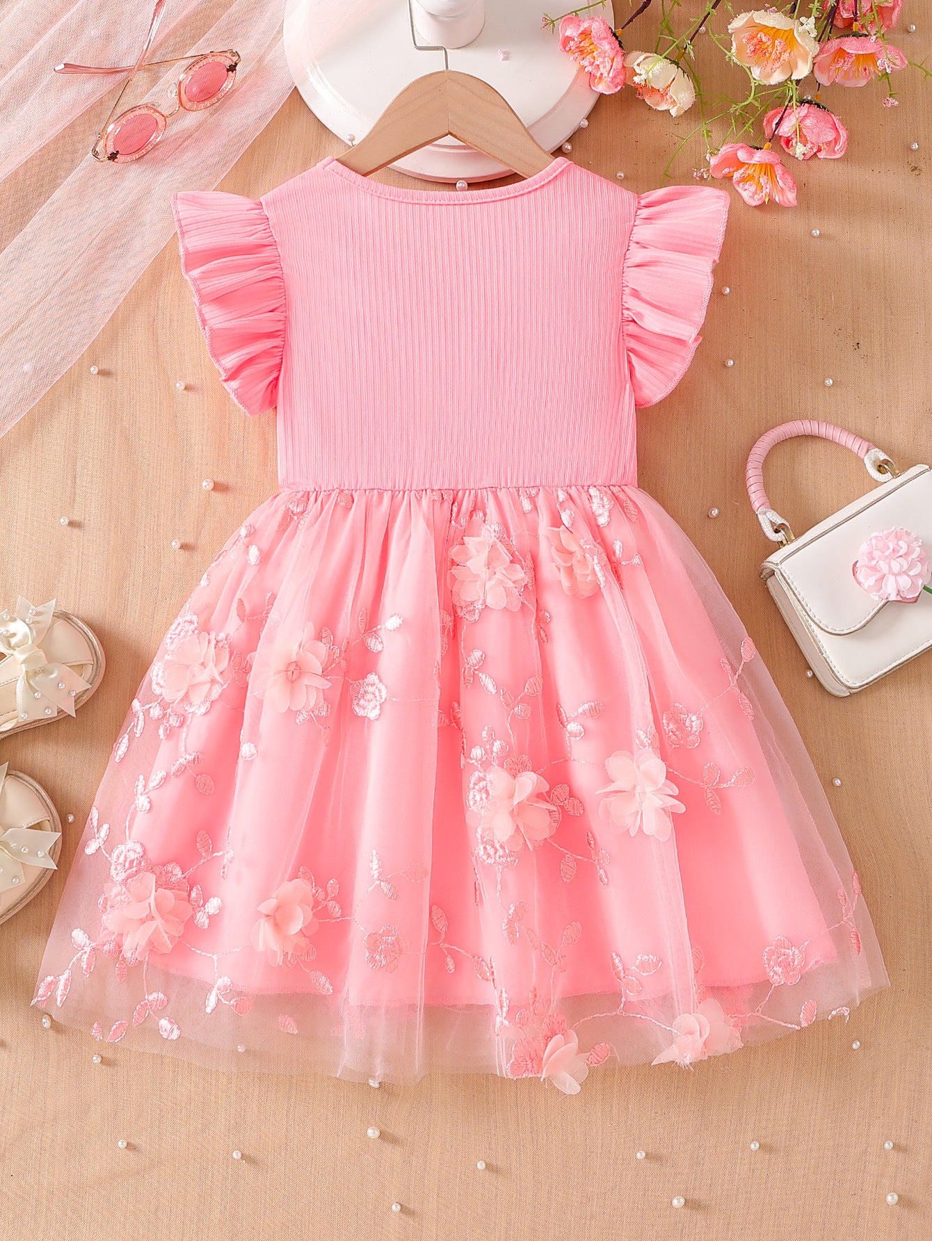 Imported 🌸 Girls’ Floral Embroidered Mesh Dress – Flutter Sleeve Toddler Princess Dress with Bow
